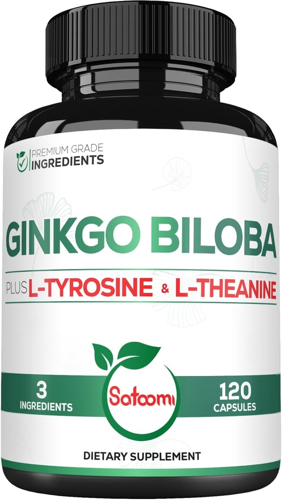 1000mg Ginkgo Biloba Supplements with L-Tyrosine, L-Theanine - 120 Capsules for 2-Month Supply - Support Focus, Mermory Function, Brain Health & Vision Quality
