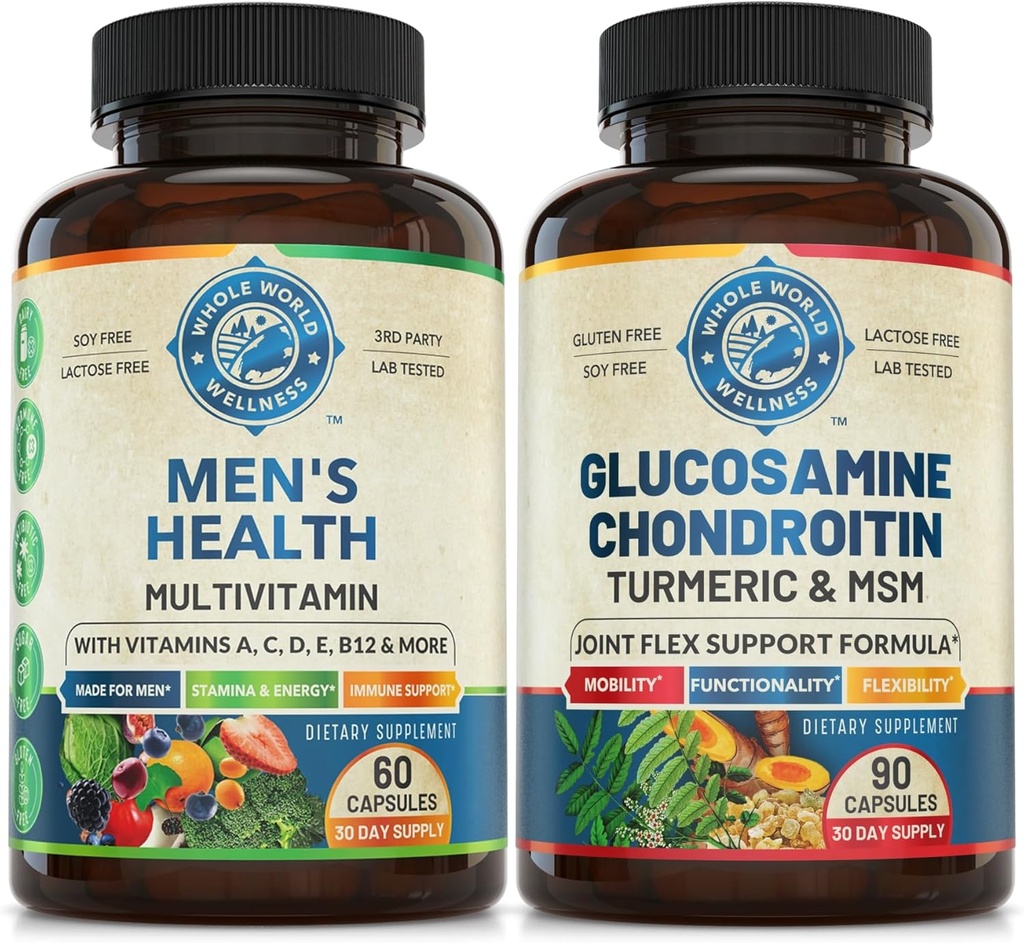 Mens Daily Multivitamins & Advanced Joint Support Bundle (One Bottle Each). Collectively Supports Holistic Wellness, Boosted Energy, and Joint Health. USA Made.