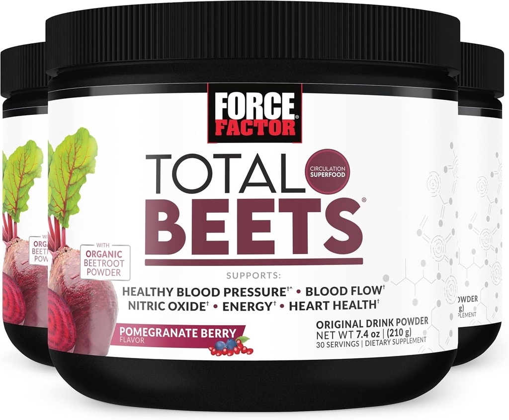 Force Factor Total Beets Drink Mix Superfood Powder with Nitrates to Support Circulation, Nitric Oxide, Energy, Endurance, and Stamina, Cardiovascular Heart Health Supplement, 90 Servings, 3-Pack