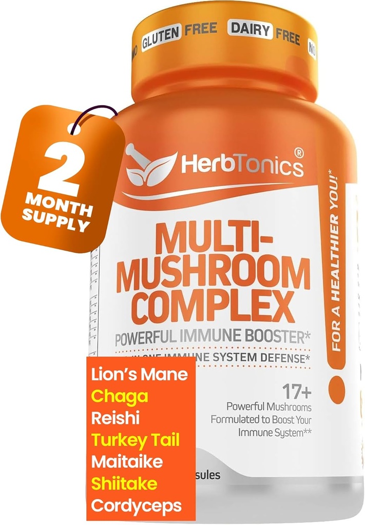 Herbtonics All-in-One Mushroom Supplement for Immune System Support | Nootropic Brain Support Supplement with Lion's Mane, Cordyceps, Reishi | Powerful Mushroom Complex | 120 Vegan Capsules