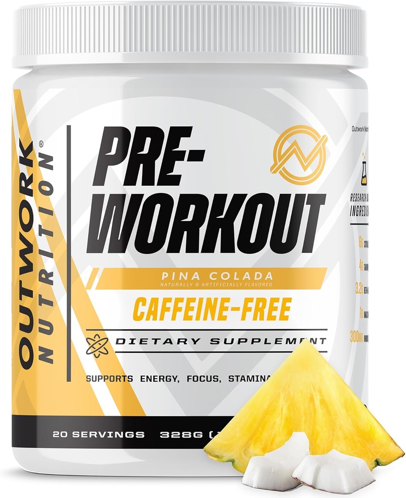 Outwork Nutrition Non-Stim Pre Workout Powder - Citrulline Malate, Beta-Alanine, Rhodiola Extract for Performance, Focus & Energy Boost - Preworkout for Men, Women (Caffeine Free, Piña Colada)