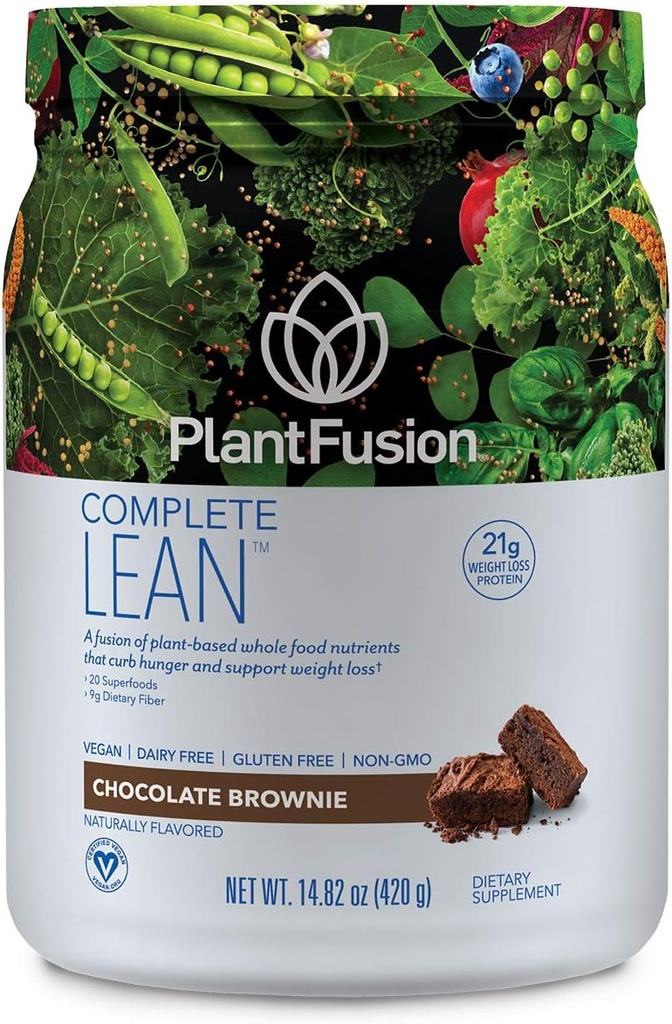 PlantFusion Complete Lean Plant Based Protein Powder - Prebiotic Fiber, Superfoods & Digestive Enzymes - Vegan, Gluten Free, Soy Free, Non-GMO - Chocolate Brownie 1 lb