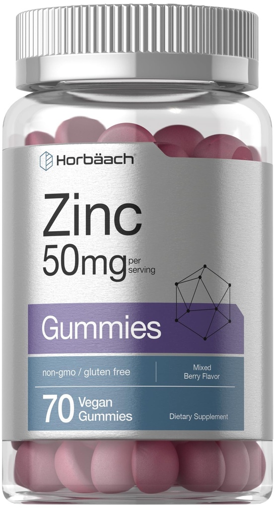Horbäach Zinc Gummies | 50mg | 70 Count | Mixed Berry Flavor | Vegan, Non-GMO, Gluten Free Formula