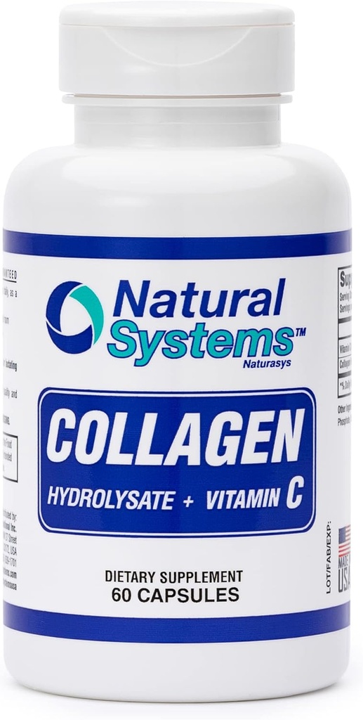 Collagen Plus Vitamin C by Natural Systems 60 Capsules - Collagen Hydrolysate and Vitamin C for Vital Hair and Skin - Collagen Supplements Women and Men - Hydrolyzed Collagen Peptides Powder Pills
