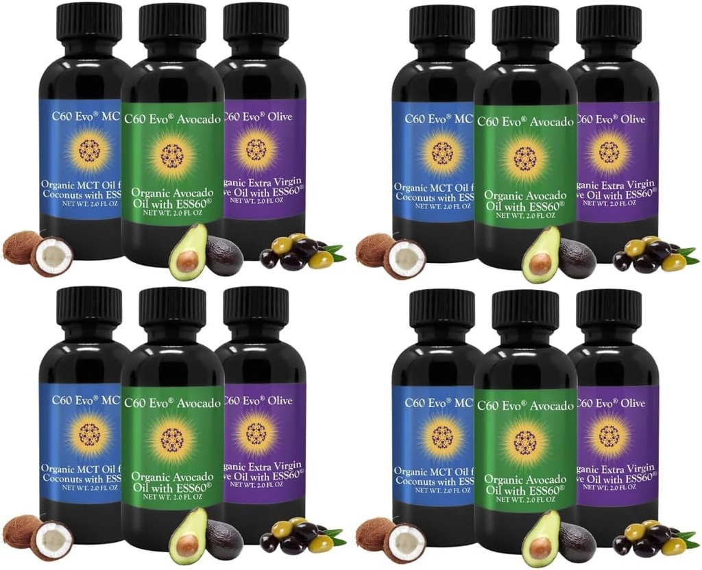 All-Natural Edible Oils, Mini Oil Sampler Set with Pure C60 ESS60, Immune Support and Joint Support Supplement with Olive Oil, Avocado Oil & MCT Coconut Oil, Set of 12, 2 Oz Each