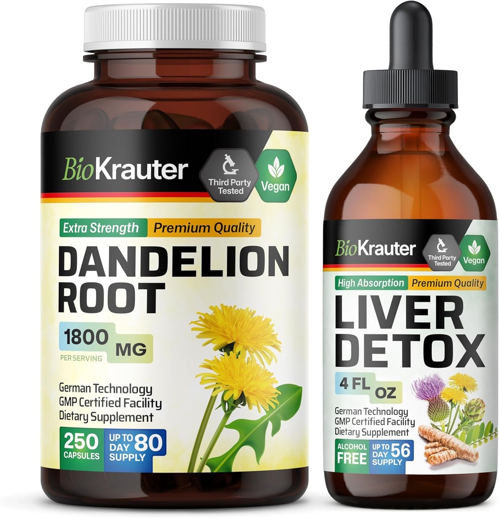 BIO KRAUTER Dandelion Root 250 Capsules & Liver Support Tincture 4 Fl. Oz.