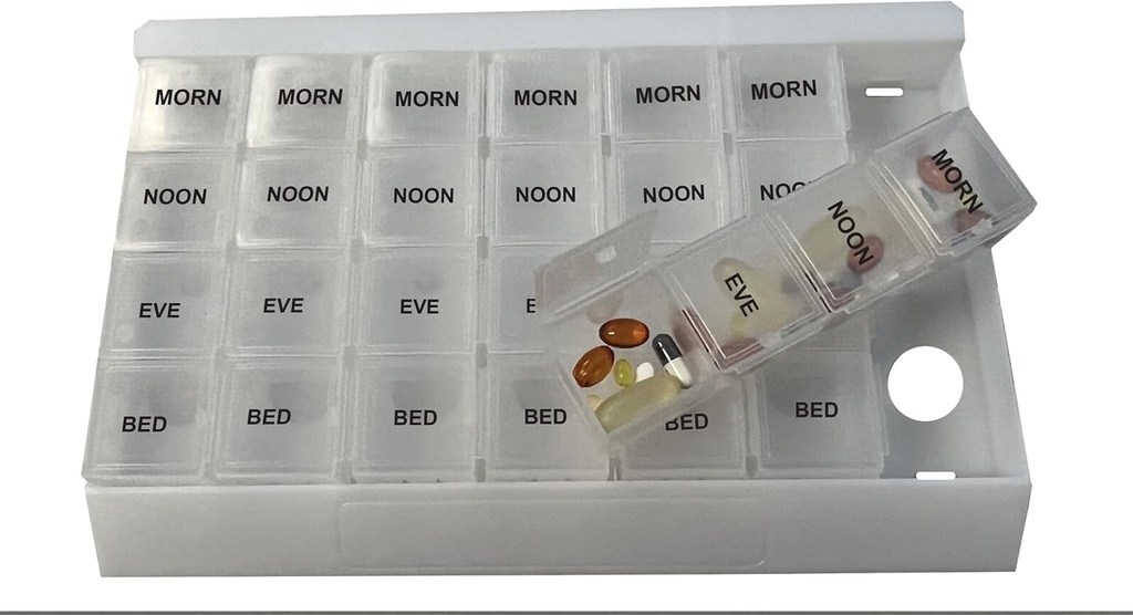 ProMed Unique XL Weekly 4 Times Daily 7 Day Pill Organizer for Medication, Vitamins & Supplements, Pill case with Removable Clear compartments That is BPA-Free with Food-Grade Plastic.