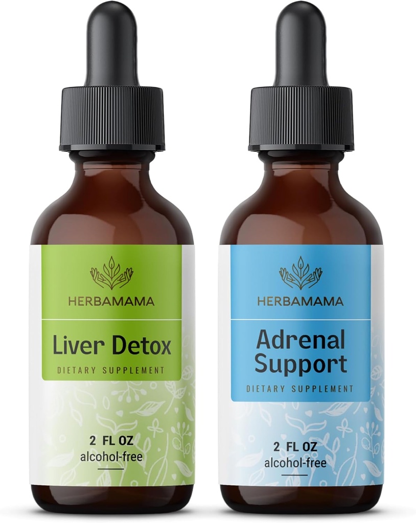 HERBAMAMA Herbal Liquid Drops Kit - Bundle of Liver Detox Complex 4 fl oz & Adrenal Support Drops 2 fl oz - Vegan, Non-GMO, Sugar & Alcohol-Free - 2 Pack