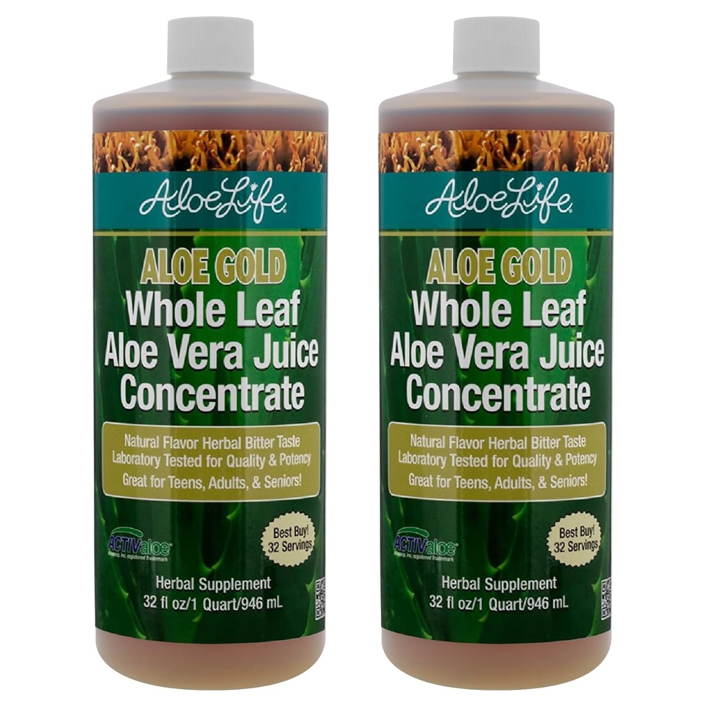 Aloe Life - Whole Leaf Aloe Vera Juice, Organic, Gluten-Free (Aloe Gold, 32 oz) | 2-Pack