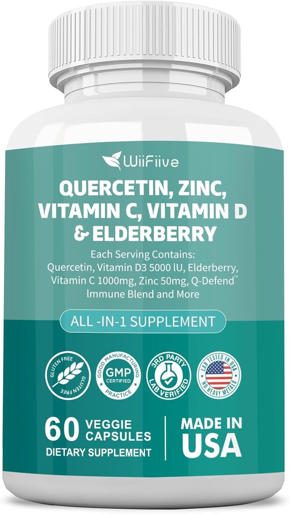 60 Count Quercetin 50 mg Zinc 1000 mg Vitamin C 5000 IU Vitamin D3 1000 mg Turmeric 1000 mg Elderberry with Q-Defend Immune Blend Reisshi Nettle Arteemisinin, Non-GMO, Free Supports Health
