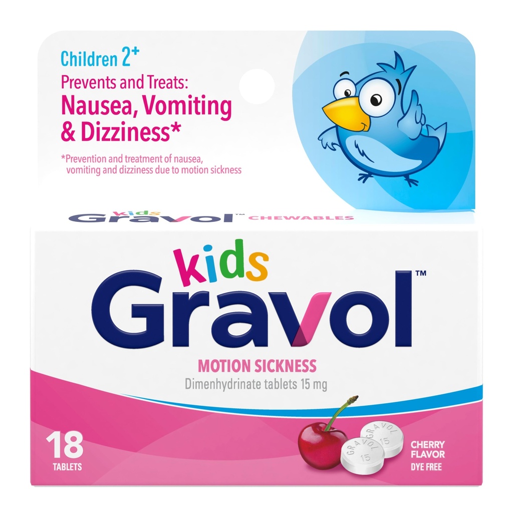Gravol Kids Chewable Tablets for Nausea, Upset Stomach and Motion Sickness Relief, Dye Free, Cherry Flavor, Age 2 to 12, 18ct