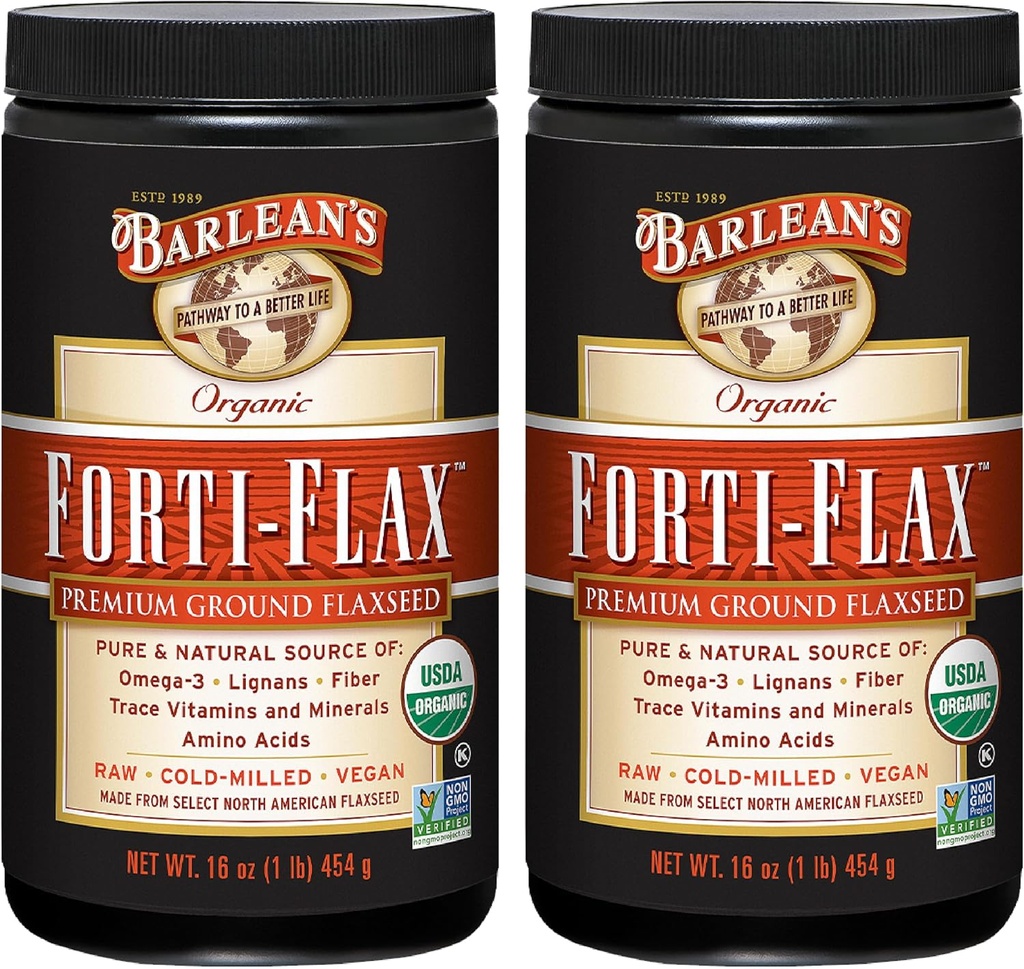 Barlean's Forti-Flax Organic Flaxseed, Ground Whole Raw Seeds, Omega-3 Supplement with Lignans and Dietary Fiber, Bulk Ground Flax Seed, 16 oz, 2 Pack
