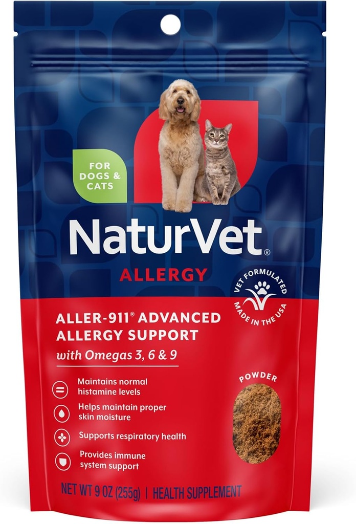 NaturVet Aller-911 Advanced Allergy Aid Formula Powder Plus Antioxidants for Dogs and Cats, 9 oz Powder, Made in The USA