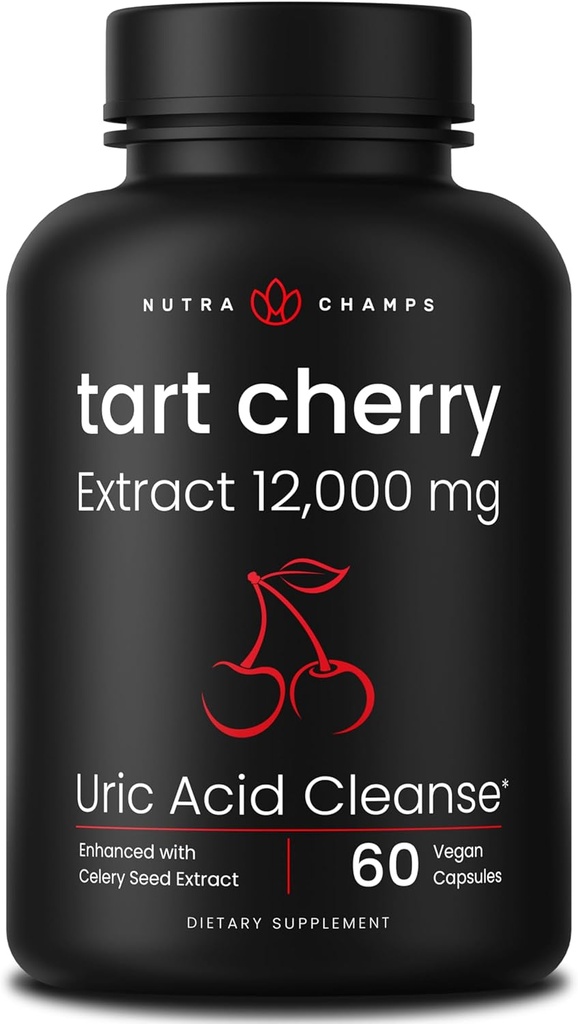 Organic Tart Cherry Extract Capsules 12,000mg - Made from Montmorency Tart Cherry Concentrate, Celery Seed & Bilberry - Uric Acid Cleanse & Joint Support - Vegan Capsules