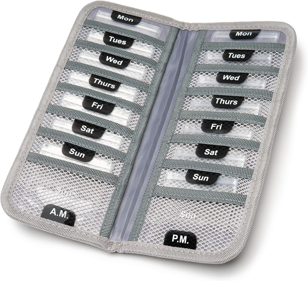 AM/PM Bi-Folding Pill Organizer + Supplement Case for OTC Medicine, Prescription + Vitamins - 14 Labeled Monday-Sunday Slide Lock Pouches, Grey Travel Pill Case