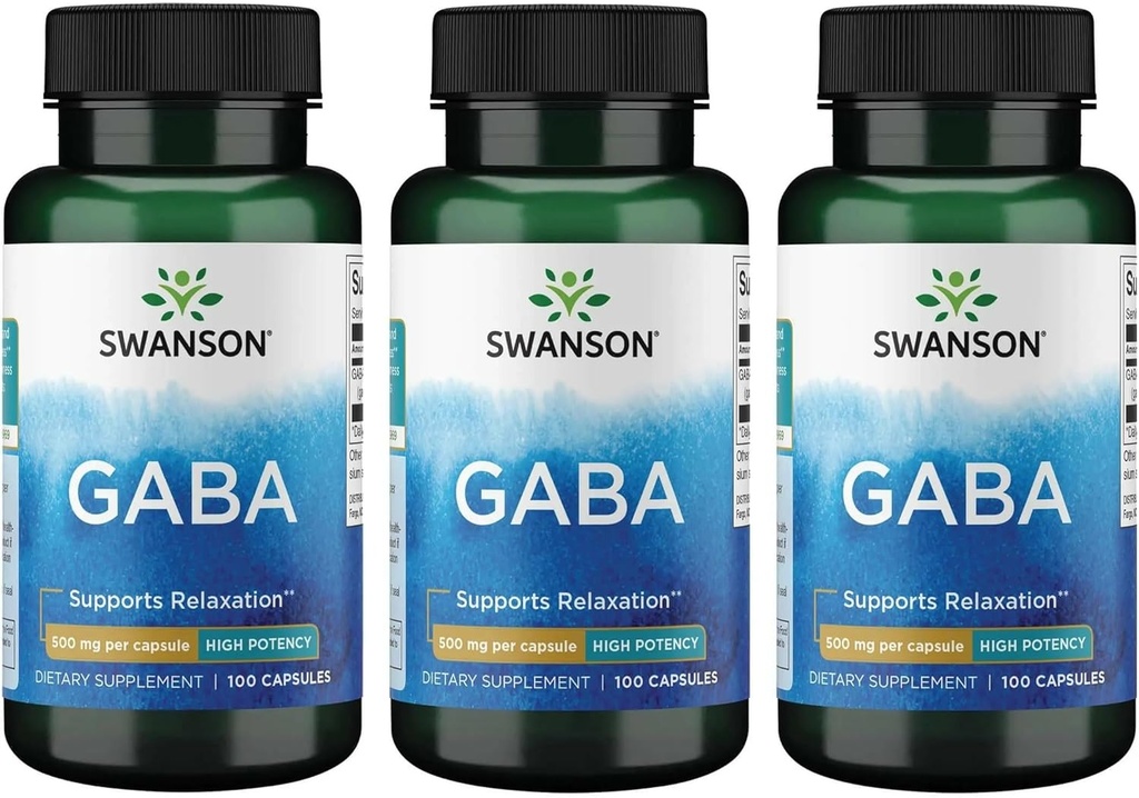 Swanson GABA - Amino Acid Supplement Promoting Calm & Relaxation to Support Restful Sleep - High Potency Formula to Support Healthy Stress Levels - (100 Capsules, 500mg Each) (3 Pack)