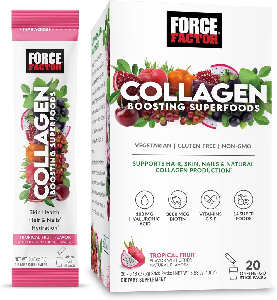 Force Factor Collagen Boosting Superfoods with Biotin, Hyaluronic Acid, Bamboo, and Hair, Skin, and Nails Vitamins, Nail Strengthener and Skin Supplement, Tropical Fruit Flavor, 20 Stick Packs