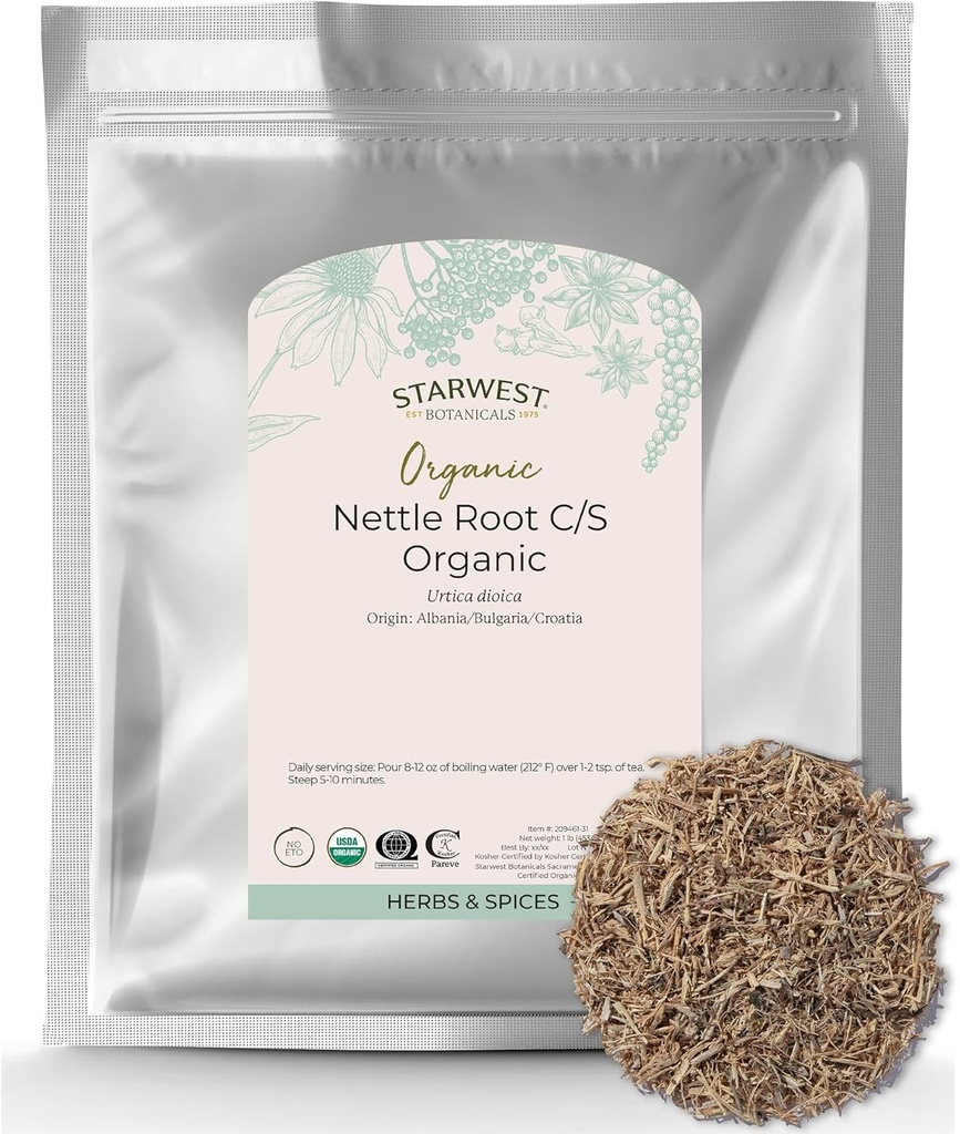 Starwest Botanicals Nettle Root Organic - Dried Stinging Nettle Root, Loose Leaf Herb for Tea, Soups, Stews, & Broths, Urtica Dioica, Cut & Sifted, Certified Kosher, Non-GMO - Bulk 1 lb Bag