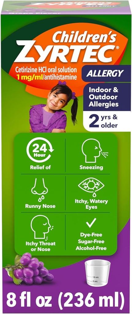 Children's Zyrtec 24 Hour Allergy Relief Syrup, 5 mg Cetirizine Hydrochloride Antihistamine, Kids Allergy Medicine for Indoor & Outdoor Allergy Relief, Dye- & Sugar-Free, Grape, 8 fl. oz