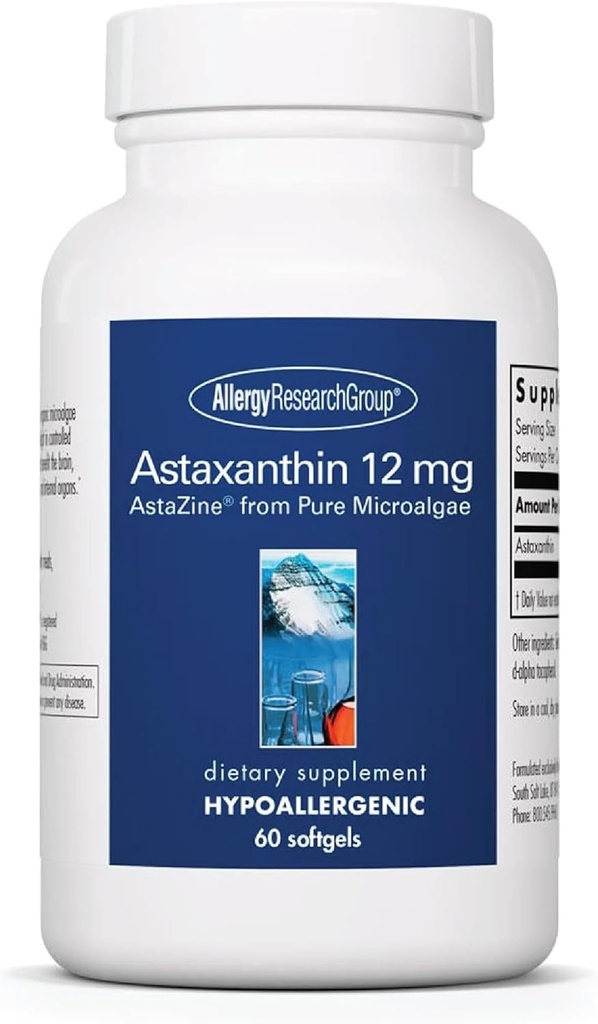 Allergy Research Group Astaxanthin 12mg Supplement - from Organic Microalgae, Eye Health, AstaZine Astaxanthin, Natural Antioxidant, Skin Health, Brain Function Support, Softgels - 60 Count