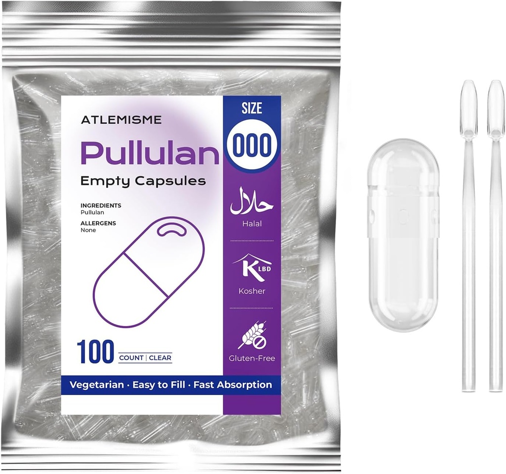 Pullulan Empty Capsules Size 000 - Vegan Capsules Empty (100 Count) Empty Capsules DIY Vegetable Capsule Filling - Veggie Capsules Empty Caps with 2 Micro Lab Spoons for Capsule Filling