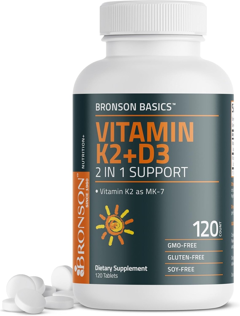 Bronson Vitamin K2 D3 (MK7) Supplement Non-GMO Formula Vitamin D3 5000IU (125 mcg) & 90 mcg K2 MK-7, Easy to Swallow D & K Complex, 120 Tablets