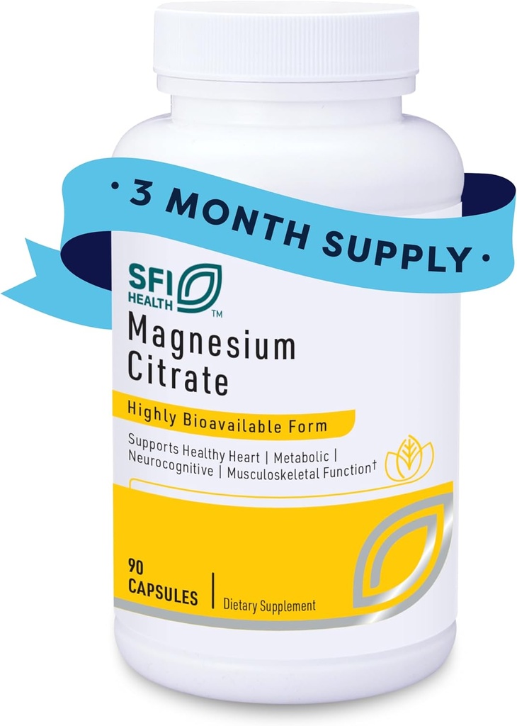 Klaire Labs SFI Health Magnesium Citrate Supplement - Highly Bioavailable Magnesium Mineral Supplements for Healthy Energy, Muscles, Nerves, Bones & Cognition (90 Capsules)