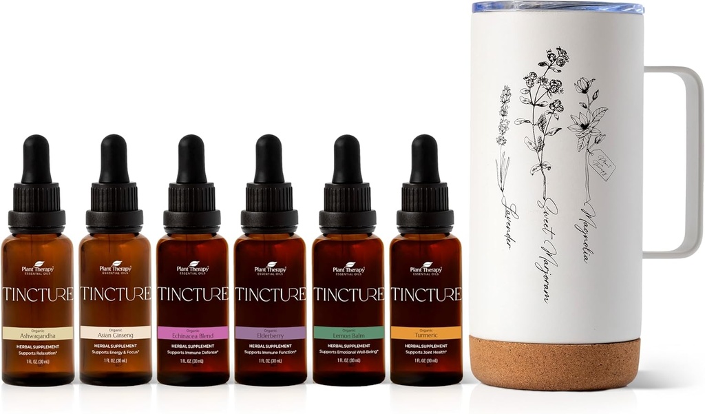 Plant Therapy Total Tincture Package Includes 30 mL Each of Organic Ashwagandha, Asian Ginseng, Echinacea Blend, Elderberry, Lemon Balm, Turmeric & Travel Mug