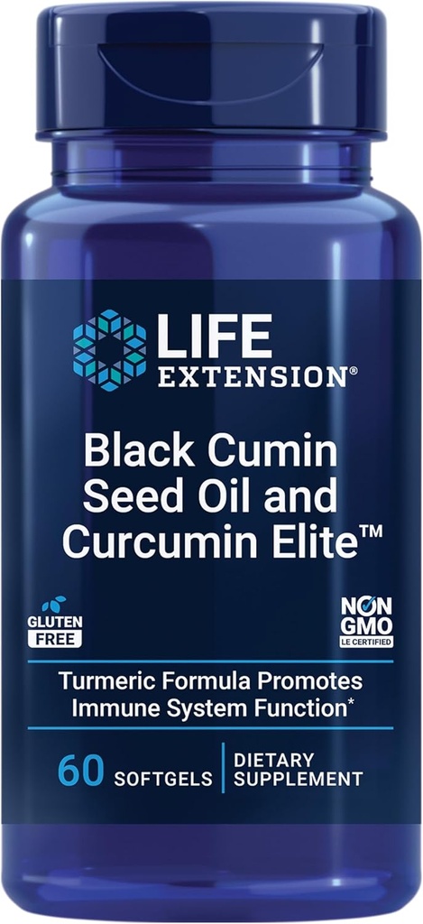 Life Extension Black Cumin Seed Oil and Curcumin Elite, Black Cumin, Turmeric Extract, Immune Health Support, high bioavailability, Whole-Body Health, Gluten Free, Non-GMO, 60 softgels