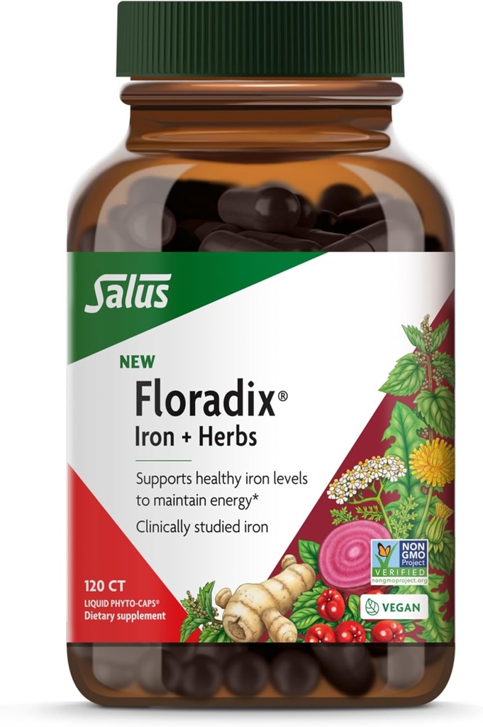 Floradix Iron + Herbs - Iron Supplement for Healthy Energy Support* - Supports Red Blood Cell Formation - Vegan, Non-GMO, Gluten-Free, Soy-Free - 120 Liquid Phyto-Caps