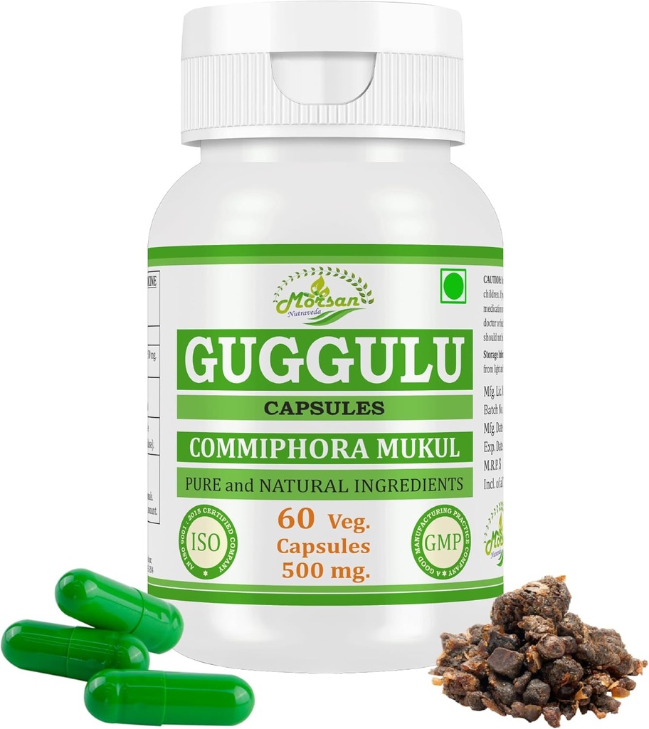 Natural and Pure Herbal COMMIPHORA Mukul (Guggulu) Extract Capsules | Highest Potency, 100% Herbal Product | Pack of 60 X 500 mg. Veg. Capsules (Pack of 1 Jar)