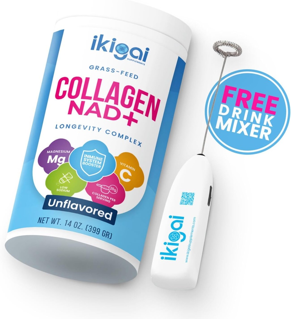 Ikigai Collagen with NAD+ (30 Servings) - Non-GMO, Gluten-Free, Paleo, Kosher - No Flavor, Includes Free Drink Mixer