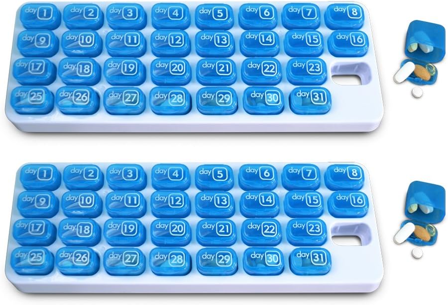 31 Day Monthly Pill Organizer with Pop Out Pocket Pill Pods and Storage Tray for Vitamins, Supplements, Home, Work or Travel - 2 Pack Blue