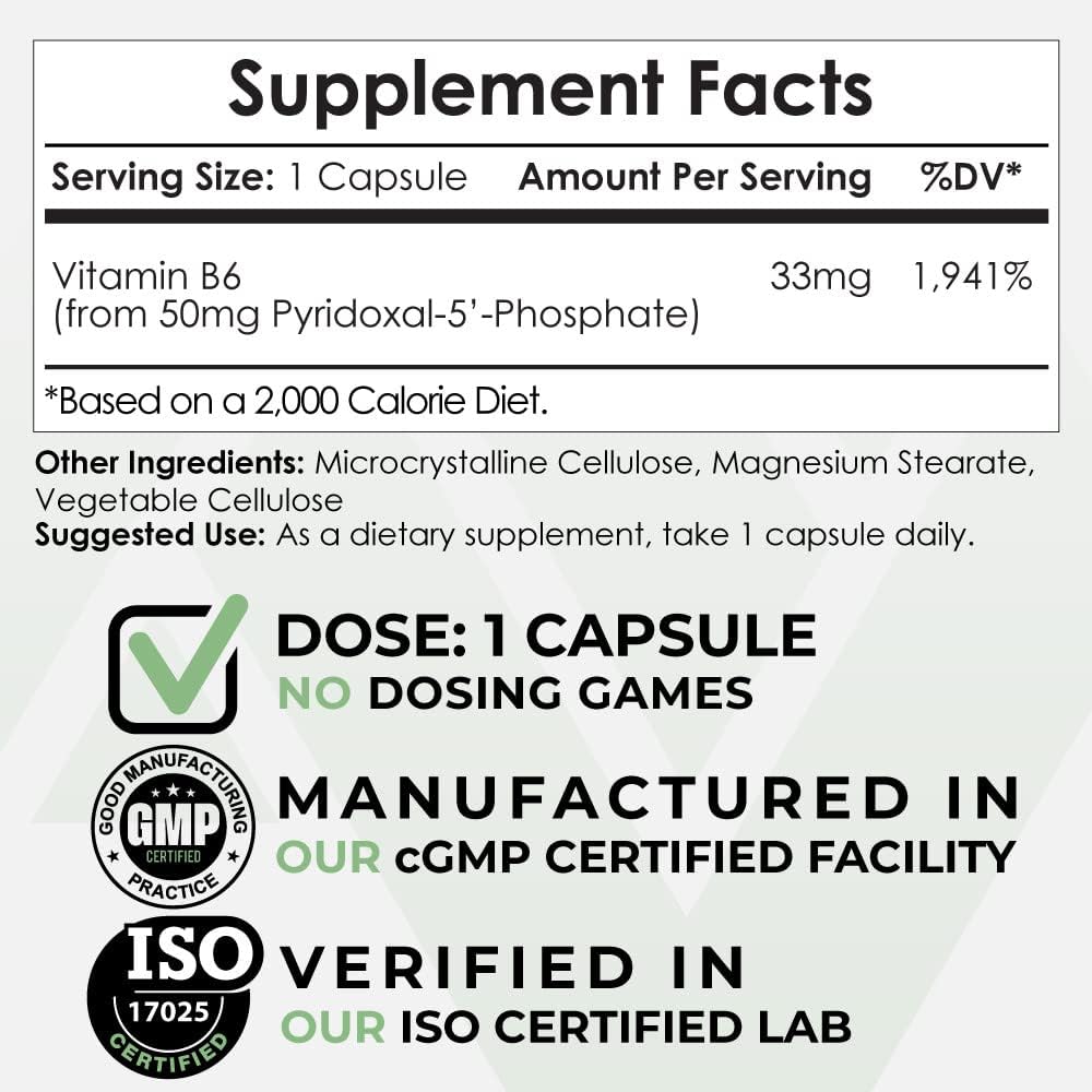 Pyridoxal-5'- Phosphate Capsules (P5P) | 50mg | Active Form of Vitamin B6 | 365 Count | Nootropics Depot