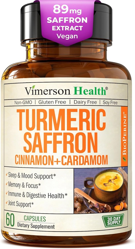 Saffron Supplements – 89mg Saffron Extract and 1000mg Tumeric Blend – Turmeric Supplement with Ceylon Cinnamon and Cardamom for Mood, Memory & Eye Health – Joint Supplements for Women & Men – 60 Count