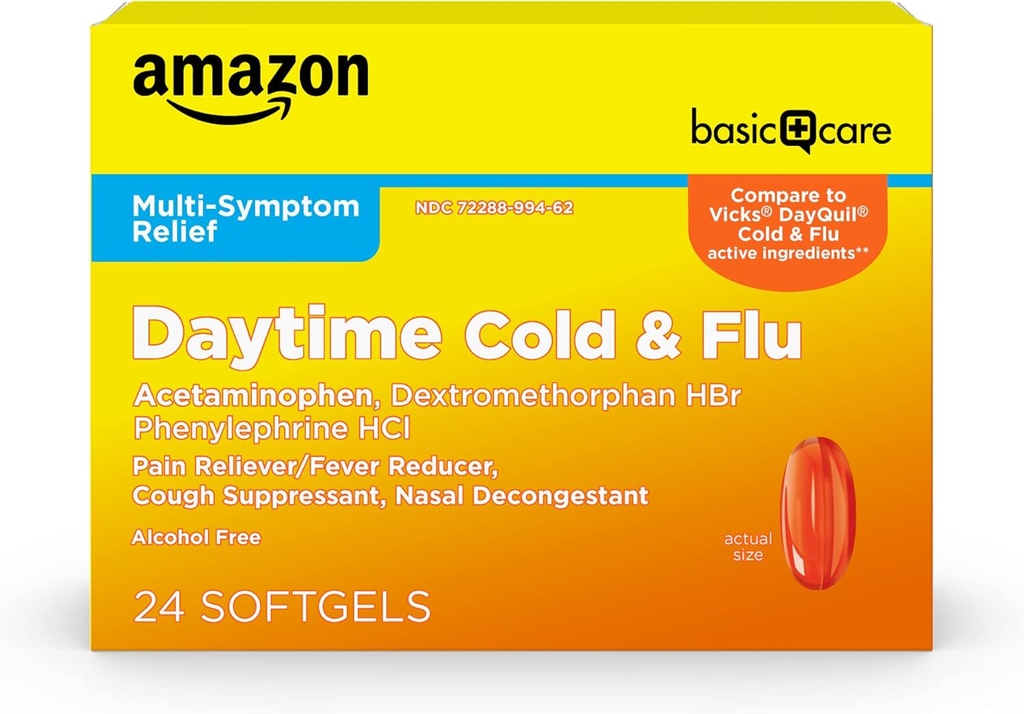   Basic Care Daytime Cold and Flu Relief Softgels, Non-Drowsy Cold Medicine, Relief of Pain, Fever, Cough, Sore Throat, Nasal Congestion, 24 Count
