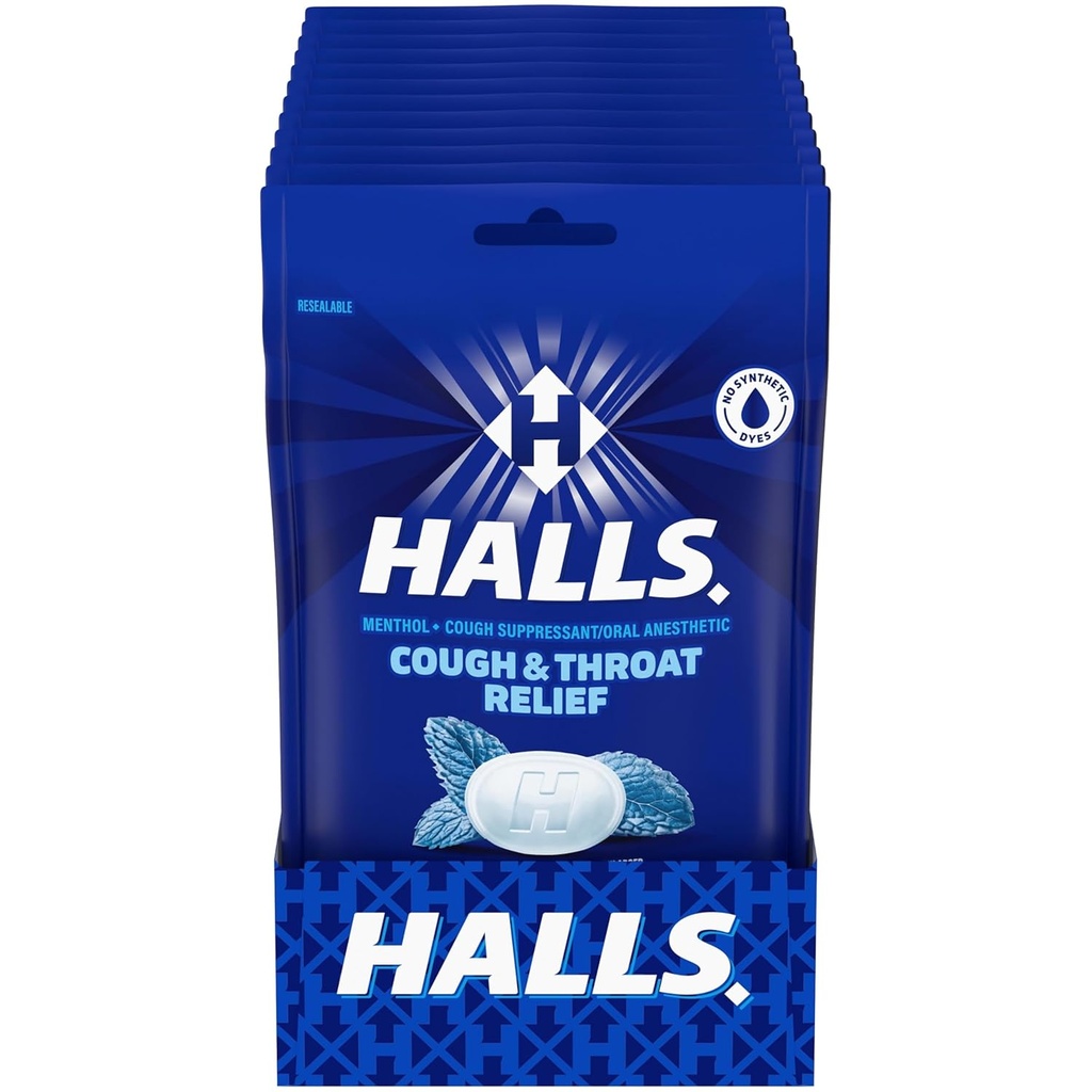 HALLS Cough and Throat Relief Mentho-Lyptus Cough Drops, 12 Bags of 30 (360 Total Drops)