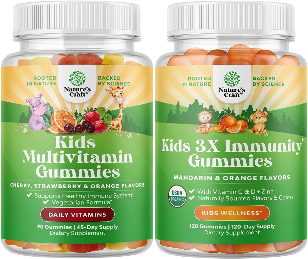 Bundle of Plant Based Kids Multivitamin Gummies - with Vitamins A, C, D3, E, B6 & B12, Zinc & Iodine and Organic Kids Immune Support Gummies - Vegan Organic Vitamin D with Vitamin C and Zinc
