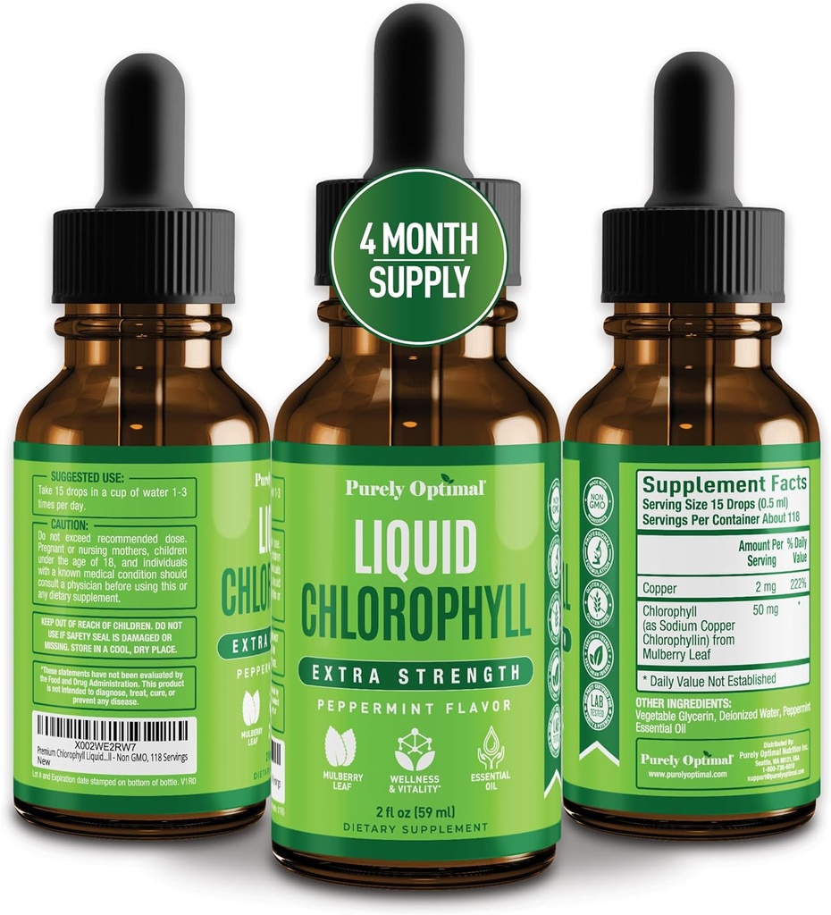 Premium Chlorophyll Liquid Drops - 100% Natural & Gluten Free Liquid Chlorophyll - Non GMO, 118 Servings