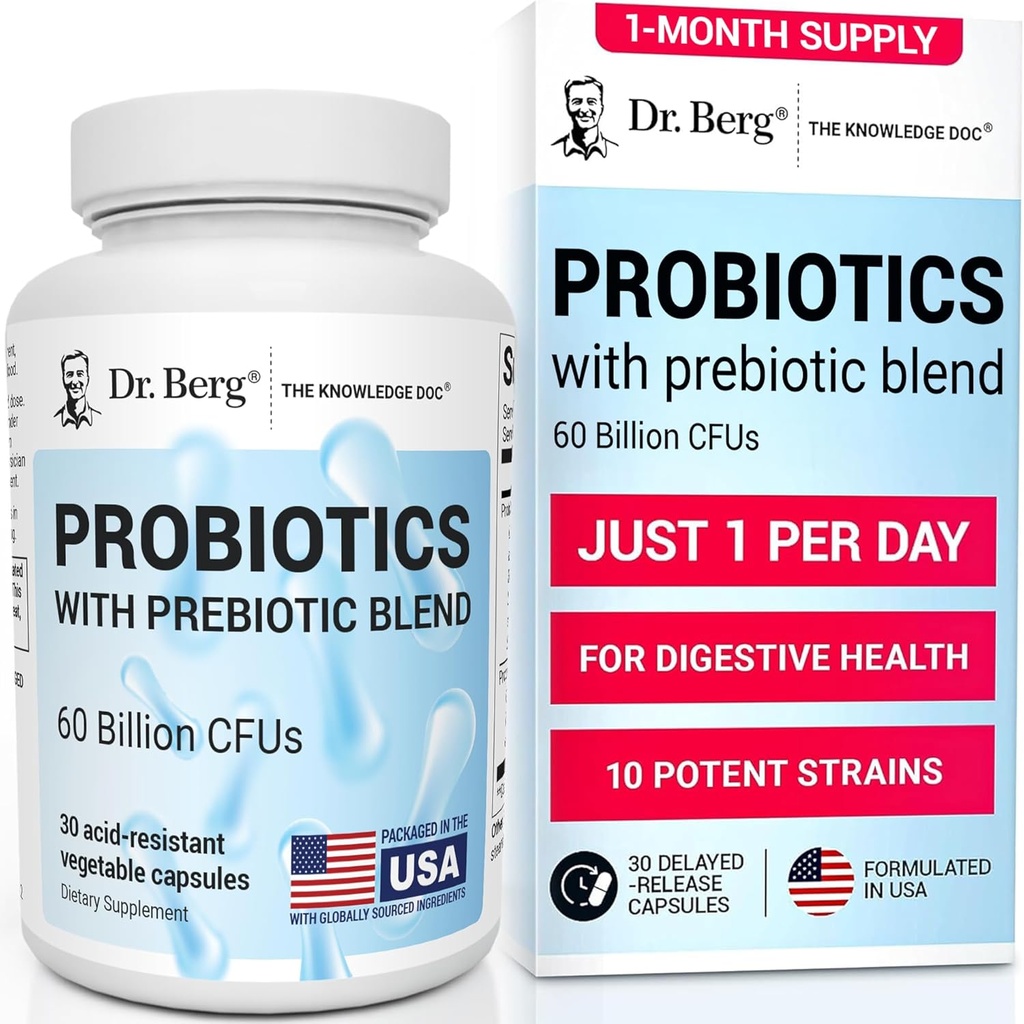 Dr. Berg Probiotic Supplement (60 Billion CFUs) - Helps Ease Occasional Constipation, Diarrhea, Gas & Bloating* - Pre and Probiotics for Digestive Health - 30 Probiotic Capsules