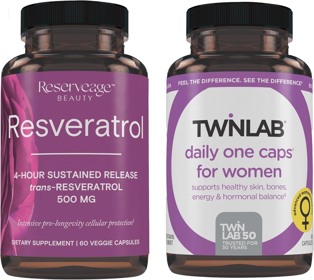 Reserveage Beauty Resveratrol 500 mg - Sustained-Release Trans-Resveratrol - Vegan Antioxidant Supplement for Brain & Heart Health 60 Capsules & Twinlab TWL Women's Daily One 60 ct