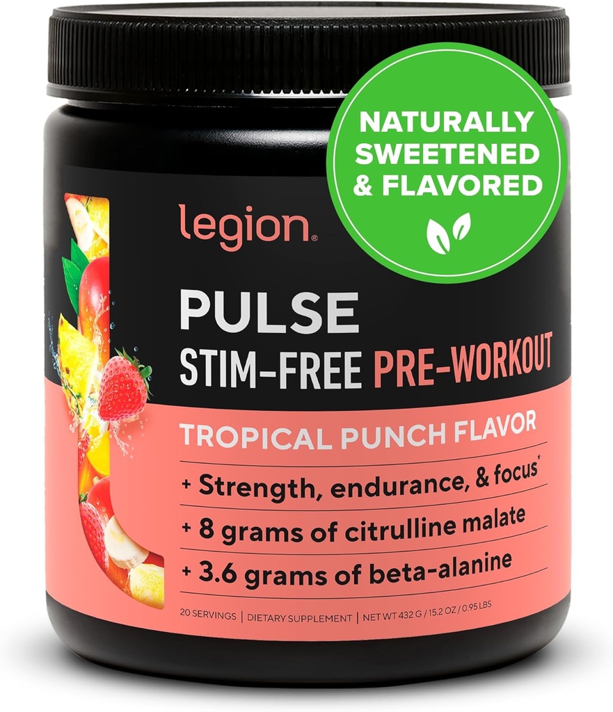 LEGION Pulse Pre Workout Supplement - All Natural Nitric Oxide Preworkout Drink to Boost Energy, Creatine Free, Naturally Sweetened, Beta Alanine, Citrulline, Alpha GPC (Caffeine Free Tropical Punch)