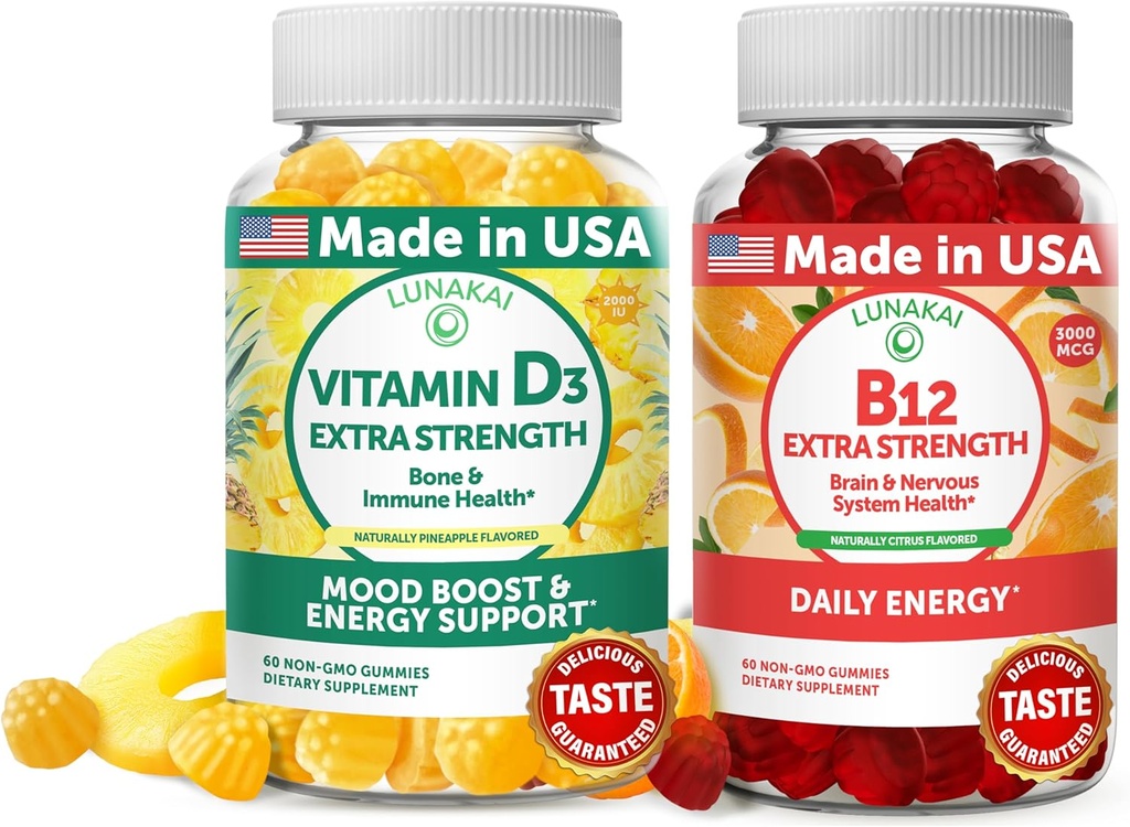 Lunakai Vitamin D3 and Vitamin B12 Gummies Bundle - Immunity, Bone and Mood Support VIT D3 2000IU Supplement - 3000mcg Methylcobalamin High Absorption Energy Gummy - 30 Days Supply
