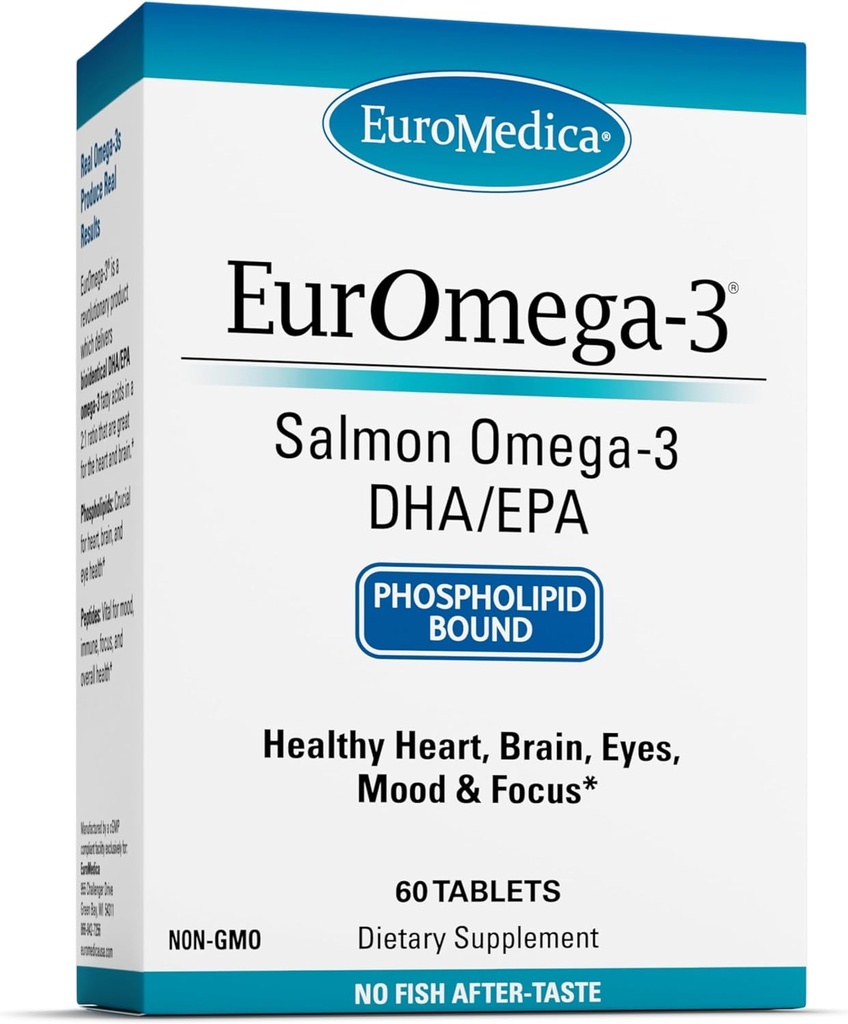 EuroMedica EurOmega-3 - Dietary Supplement with EPA & DHA - Omega-3 Tablets for Brain & Heart Health Support - Nutritional Supplement with Essential Fatty Acids & Peptides - 60 Tablets