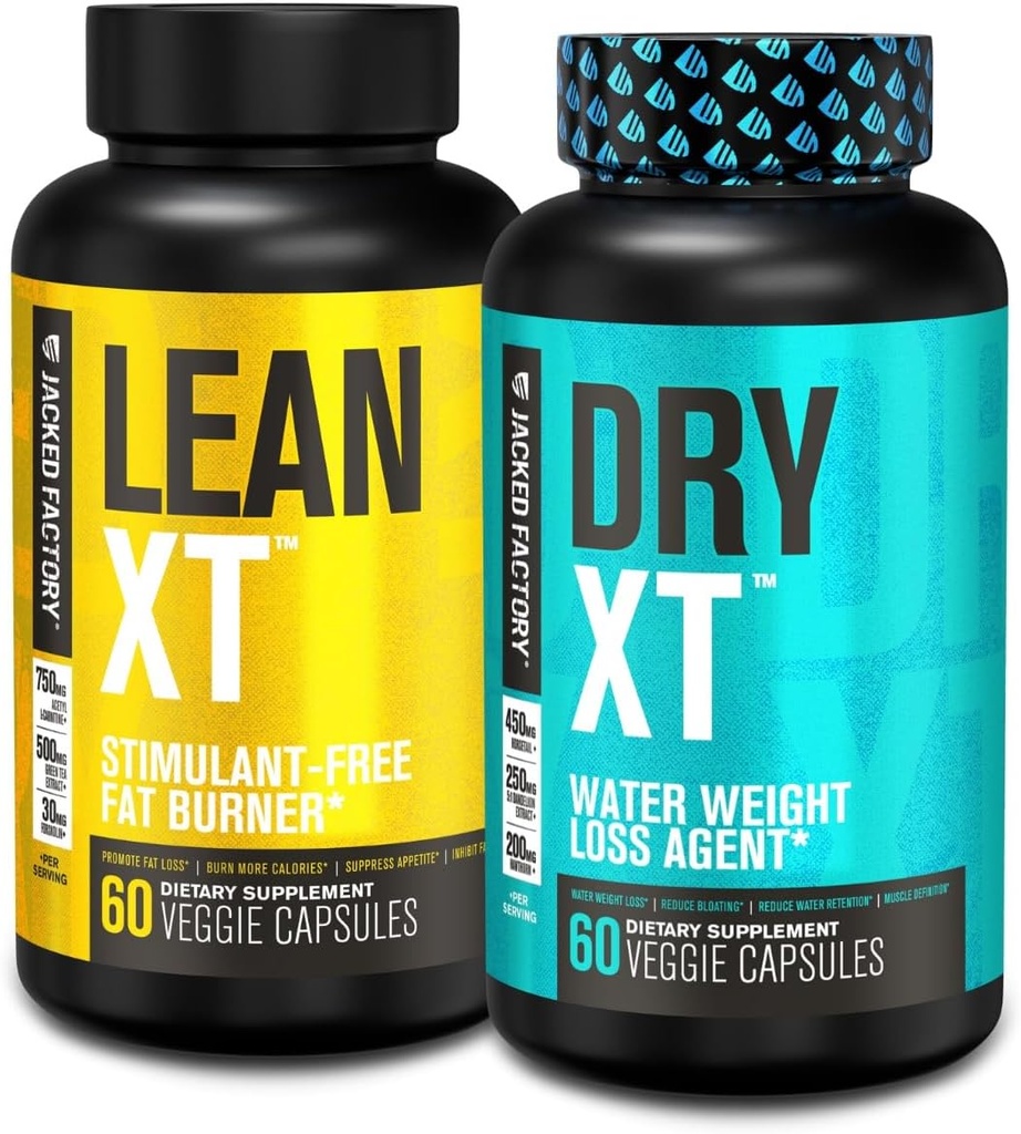 Jacked Factory Stim-Free Weight Loss Stack - Lean XT Stim-Free Fat Burner and Dry XT Water Pills for Bloating Reduction (30 Day Supply)