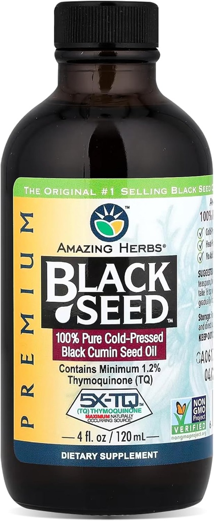 Amazing Herbs Premium Black Seed Oil - Cold Pressed Nigella Sativa Aids in Digestive Health, Immune Support, Brain Function, Joint Mobility, Gluten Free, Non GMO - 4 Fl Oz