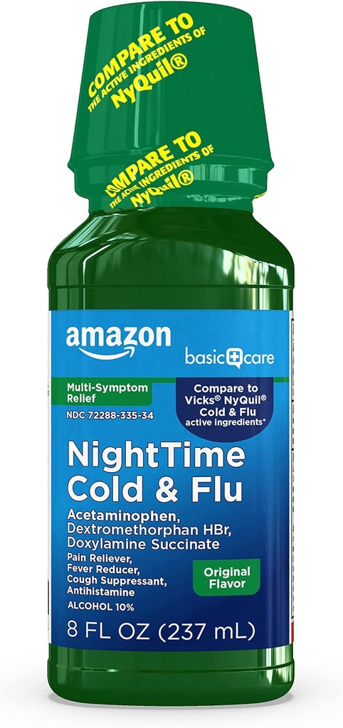   Basic Care Nighttime Cold & Flu Relief, Pain Reliever, Fever Reducer, Cough Suppressant & Antihistamine Liquid, Original Flavor, 8 fl oz (Pack of 1)