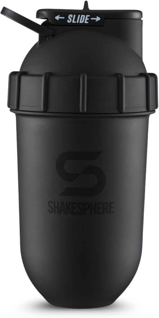SHAKESPHERE Shaker Bottle - 24oz Leak Proof Protein Shaker Bottle for Pre Workout, Smoothie, and Powder Drink Mixes, No-Blade Mixer for Gym, BPA-Free, Easy Clean & Easy to Carry (Matte Black)