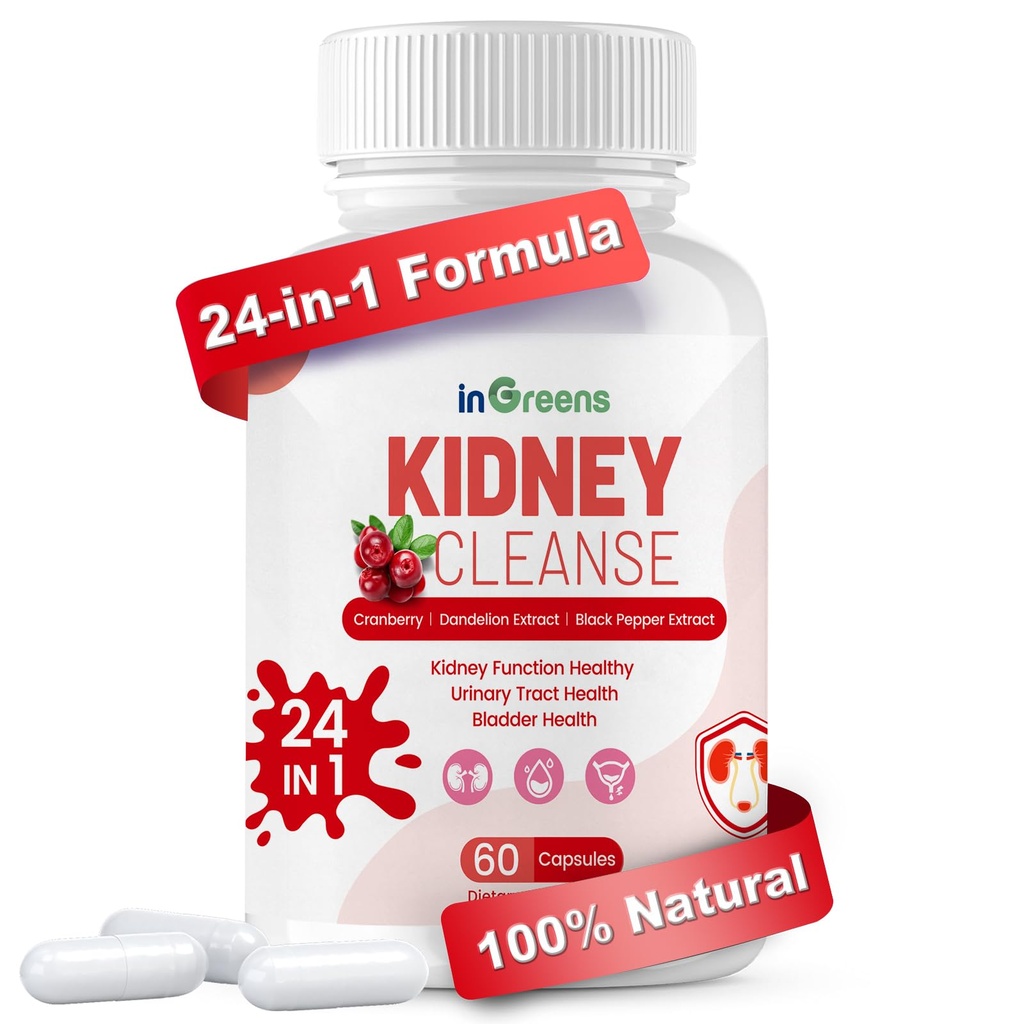 inGreens 24-in-1 Kidney Support Supplement – Cranberry & Uva Ursi Capsules with Astragalus and Black Pepper Extract for Kidney & Urinary Tract Health – Made in USA, 60 Capsules