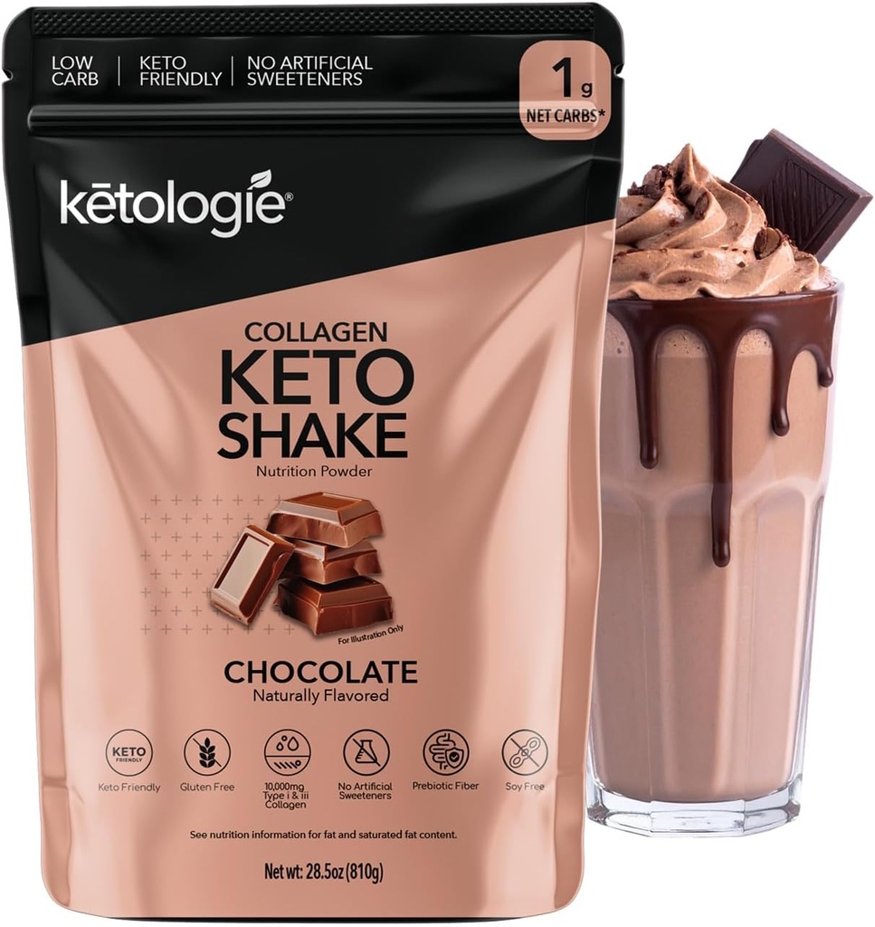 Keto Collagen Shake (Chocolate) - with Coconut Oil, Prebiotics, Grass Fed Hydrolyzed Collagen Peptides Type I & III, Low Carb, Gluten Free,1.78lbs. (810g)